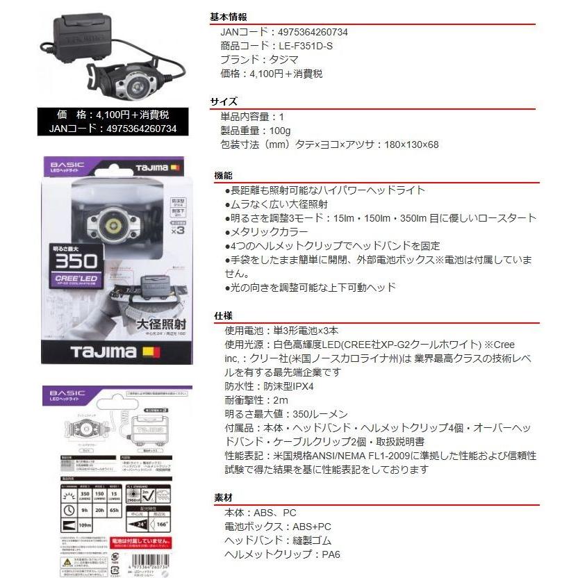 タジマ BASIC LEDヘッドライト F351D LE-F351D-S シルバー : おぎはら