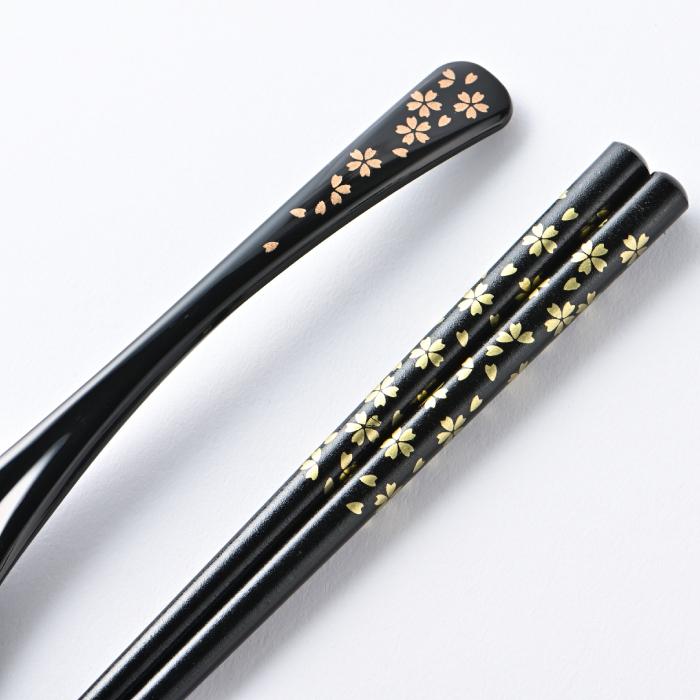 塗箸＆スプーンセット 金小花 黒 / 箸 スプーン セット 大人 若狭塗 食
