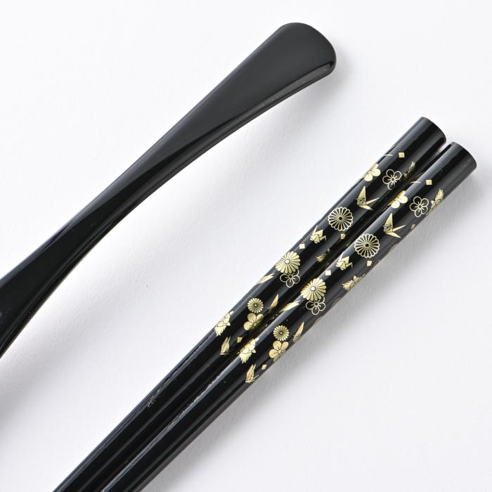 塗箸＆ スプーンセット 鶴亀 黒 / 若狭塗 おしゃれ 抗菌 食洗機対応