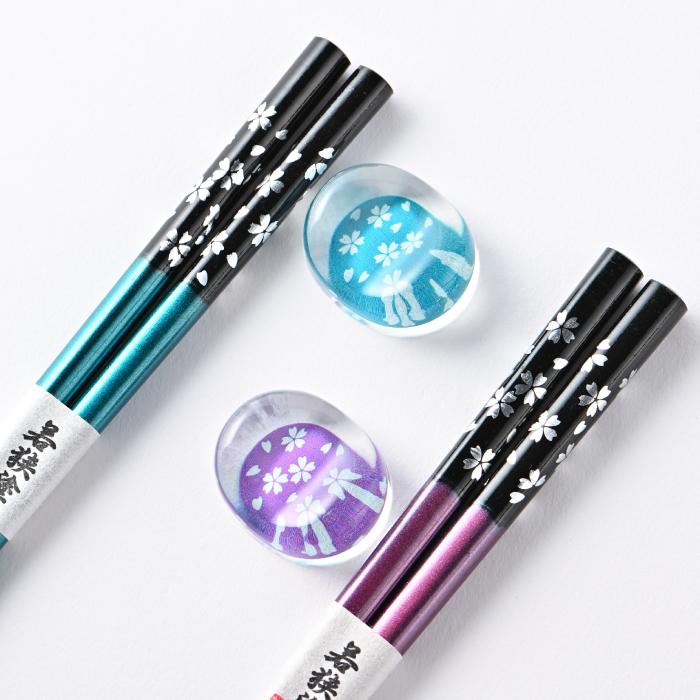 箸 箸セット 塗箸 銀舞桜 青・紫 2膳 箸置き付きセット 貼り箱入/ 夫婦