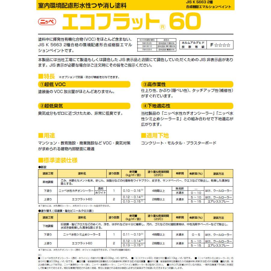 エコフラット60 艶消し ホワイト 20kg(約150平米/1回塗り) 内装用水性