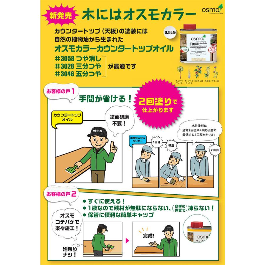 オスモカラー カウンタートップオイル #3058つや消し 0.5L(約6平米/2回塗り) 自然塗料/植物性オイル/オイルフィニッシュ/透明/テーブル天板/オスモ|ohhashi-paint|02