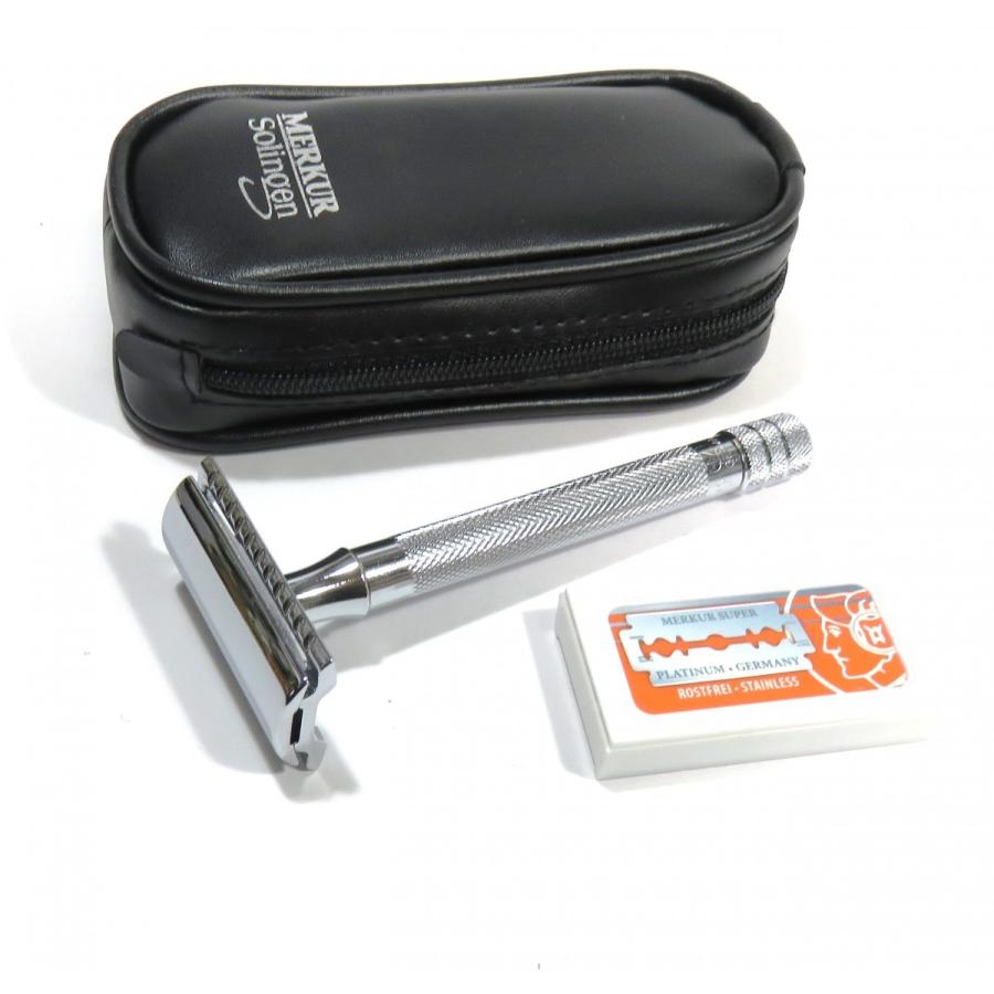 メルクール 髭剃り23c 両刃ホルダー 替刃11枚付き 革ケース付き