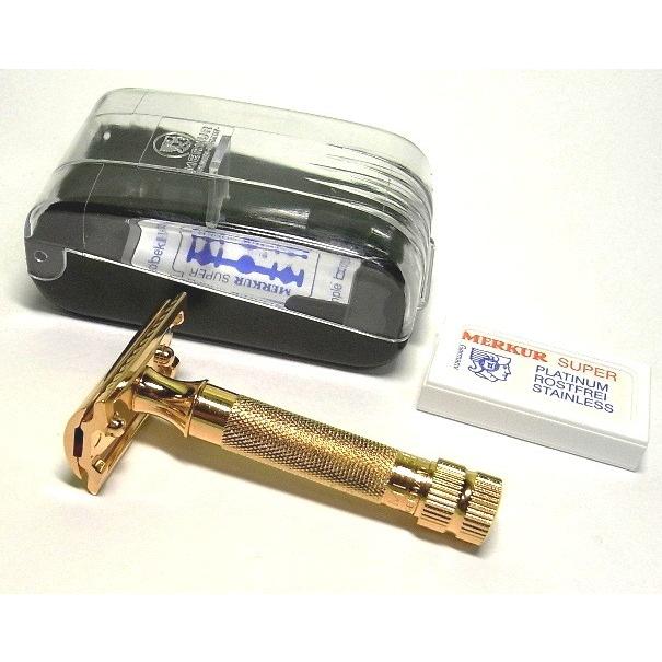 【稀少】メルクール 34G 両刃カミソリ本体 ホルダー ゴールド メルクール髭剃り334G 両刃ホルダー オール金メッキ 替刃11枚付