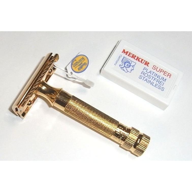 メルクール髭剃り334G 両刃ホルダー オール金メッキ 替刃11枚付