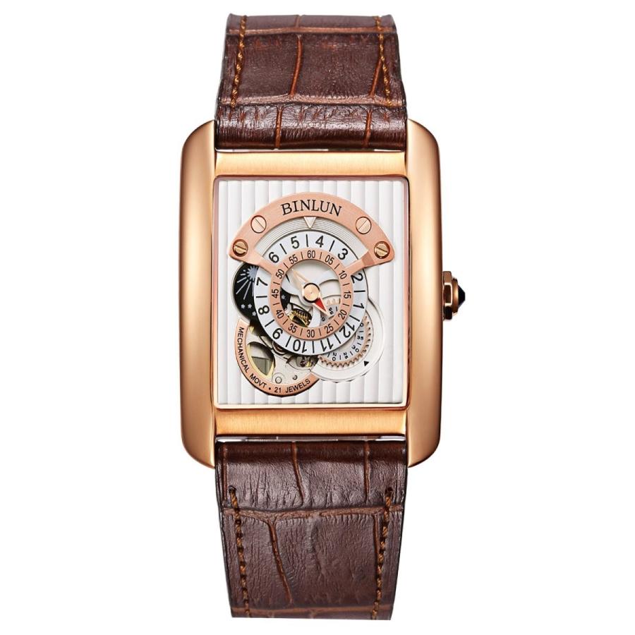 機械式 腕時計 メンズ 自動巻き BINLUN 両面スケルトン スクエア