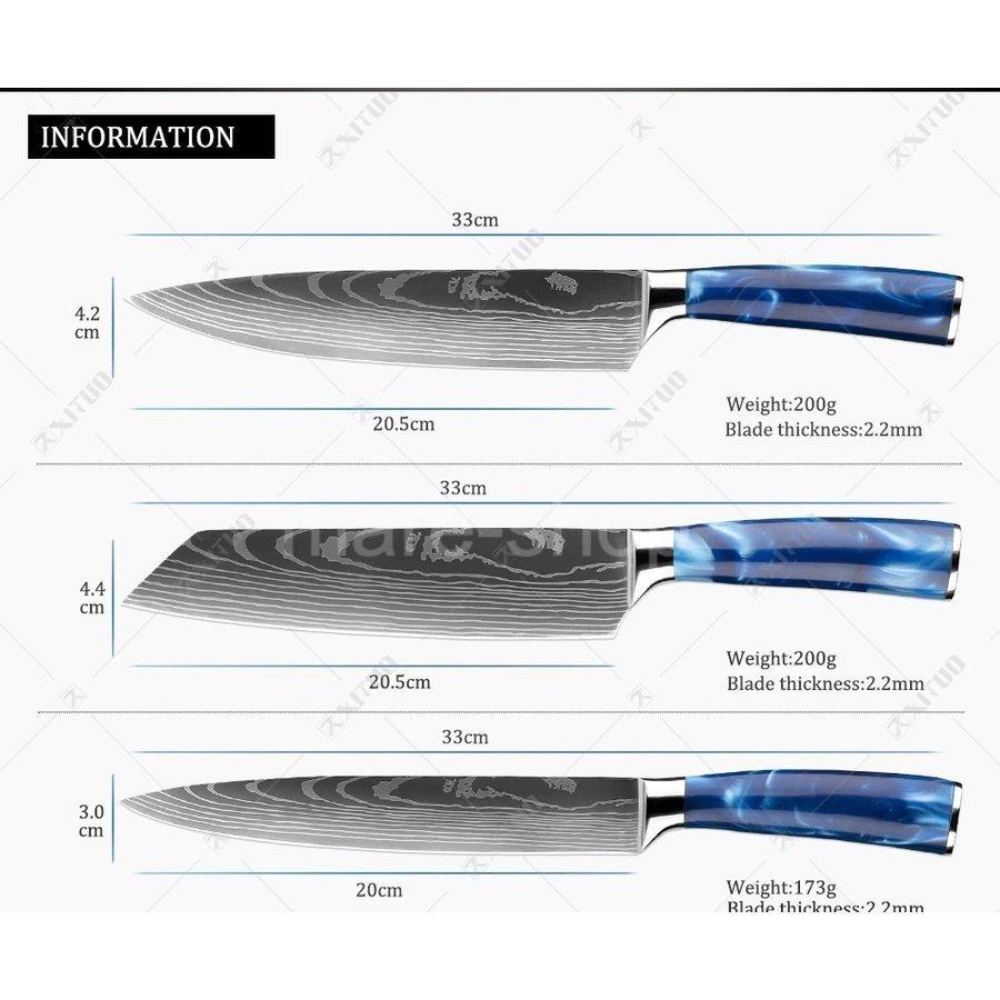三徳包丁 包丁 レーザーダマスカス 絶妙な青い樹脂ハンドル シェフナイフ 三徳 包丁 スライスナイフ 5本セット｜ohmyshop｜09