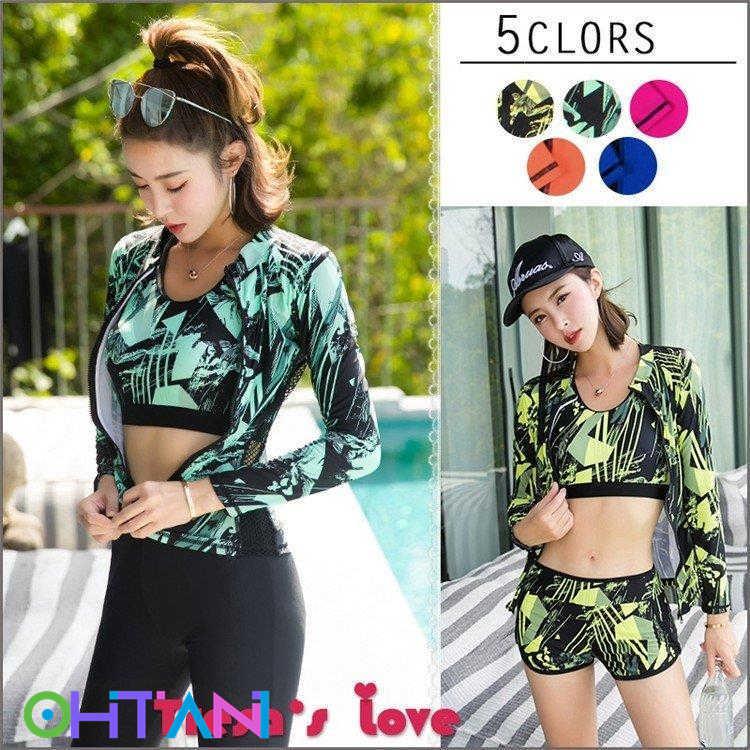 水着 体型カバー タンキニ ビキニ 4点セット ブラウス 長袖 葉柄 水着 韓国風 セクシー ファッション 水着 スイムウェア セパレート 紫外線カット 水泳 女性用 最安値