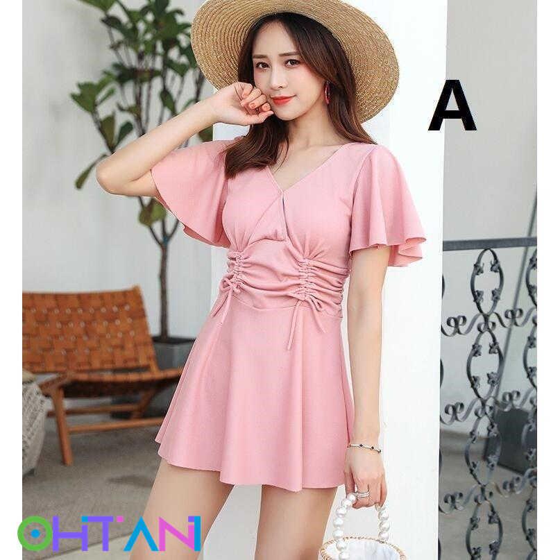 可愛い Vネック ママ ワンピース風 韓国風 水着 バックレス 4色 オールインワン レディース 温泉 ショートパンツ セクシー 着痩せ 海水浴 小胸 代30代40代 66 Off