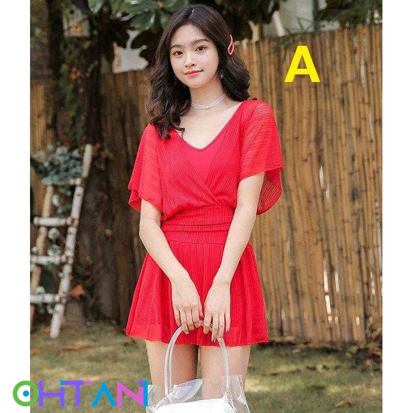 4色 ワンピース風 透ける オールインワン 体型カバー かわいい 半袖 青春 韓国風 水着 バックレス