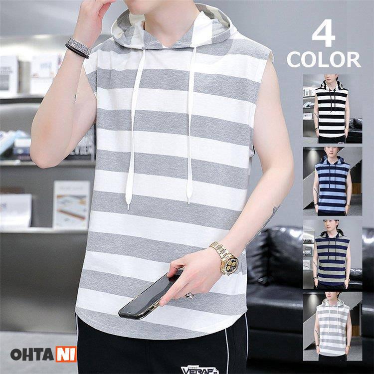 414円 初売り パーカーメンズ ノースリーブ 春 夏 袖なし ボーダー柄 フード付き カジュアルパーカー ゆったり オシャレ スポーツウエア Tシャツ ブルオーバ 送料無料