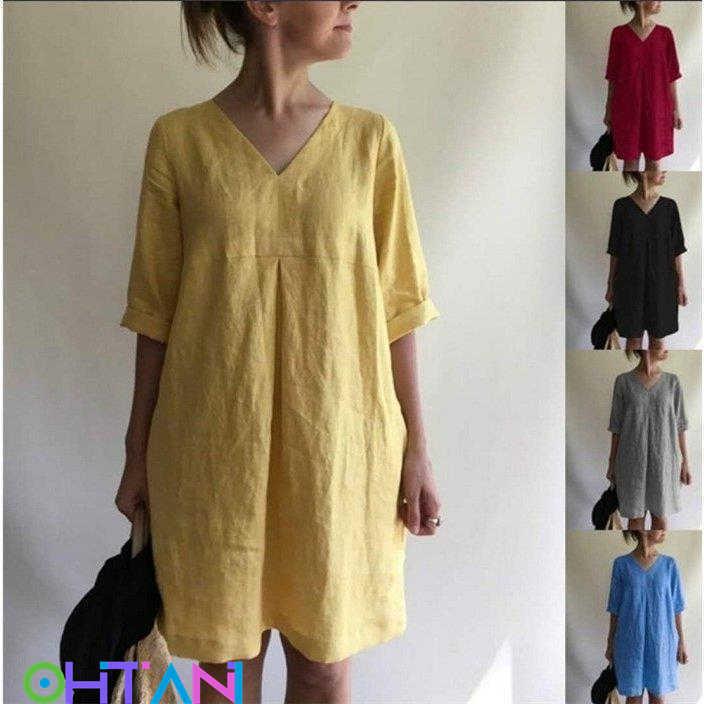 人気ブランドの 夏 レディース ワンピース 綿麻風 50代 40代 30代 春ワンピース ゆるっと カジュアル ママ 体型カバー ゆったり Aライン チュニック 半袖 チュニックワンピース ワンピース カラー ブルー