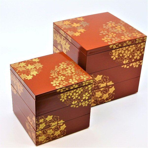 お重 重箱 おしゃれ 花丸春秋4 0三段重 古代朱 A 12cm 特価品コーナー