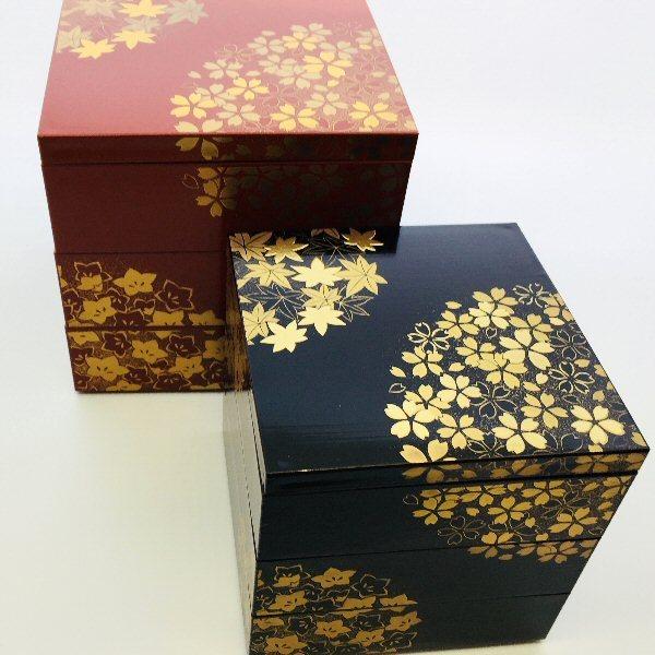 お重 重箱 おしゃれ 山中塗 北市漆器 花丸春秋4.0三段重(古代朱)（A