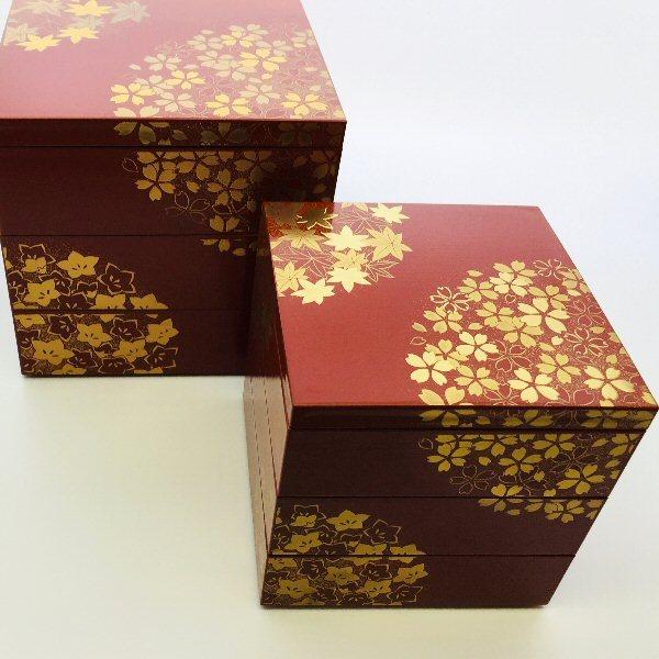 漆器 重箱 3段 花模様 重箱 3段 5寸 15cm 黒 お重 日本製 山中塗 シール蓋付き 花の小路 二人