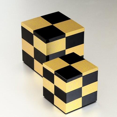 お重 重箱 おしゃれ 北市漆器 市松 GOLD 5.0三段重 (黒)(A) 15cm