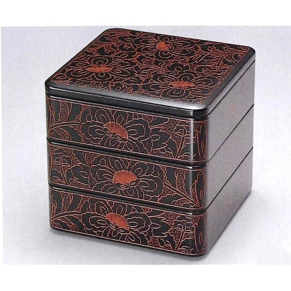 期間限定送料無料】 重箱 越前漆器 牡丹彫 漆塗り 三段重箱 19.9cm