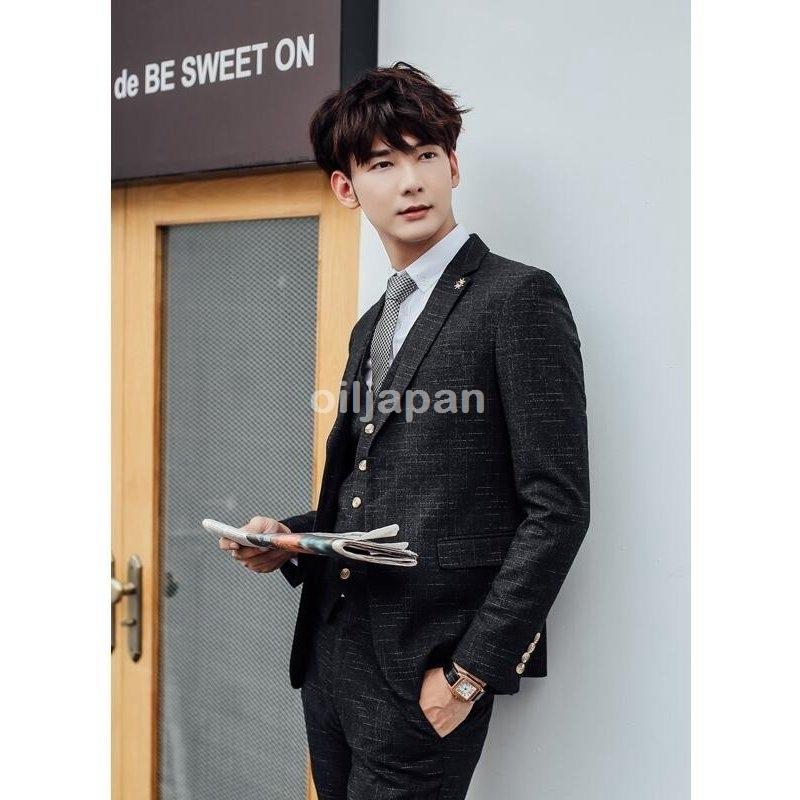 在庫一掃 メンズスーツ ベスト ジャケット パンツ 3点スーツ ブラック 韓国風スリムセットスーツ セレモニー 結婚式披露宴 秋 背広 ブルー ビジネススーツ