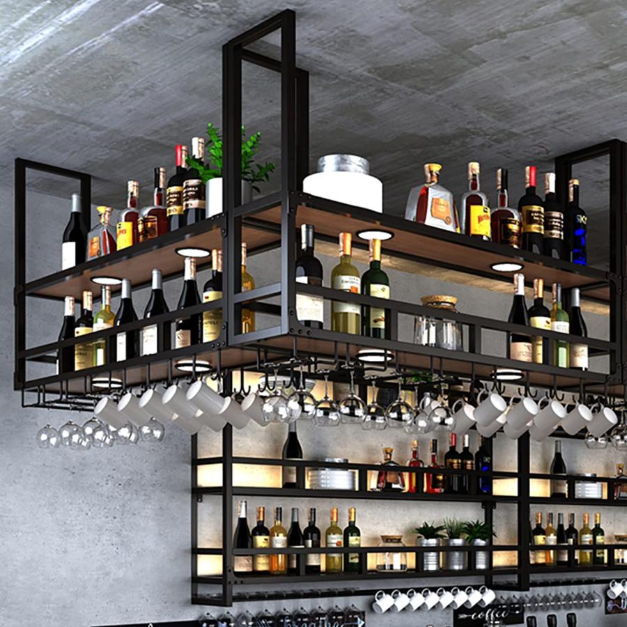 棚 天井吊り、天井吊りワインラック、ガラスホルダー付き、吊り