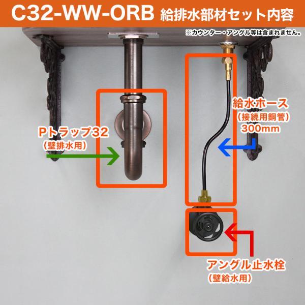 単水栓用 給水金具・排水部材Cセット（壁給水・壁排水32ミリ規格・ブロンズ） Pトラップ アングル止水栓 給水ホース