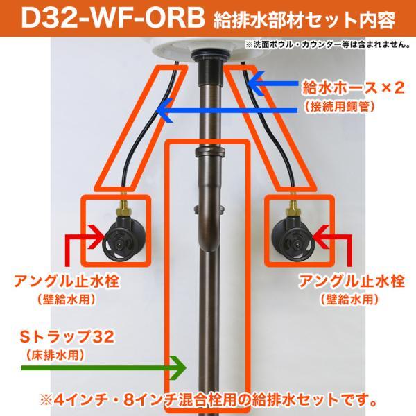 4インチ・8インチ混合栓用 給水金具・排水部材Dセット（壁給水・床排水32ミリ規格・ブロンズ） Sトラップ アングル止水栓 給水ホース_2
