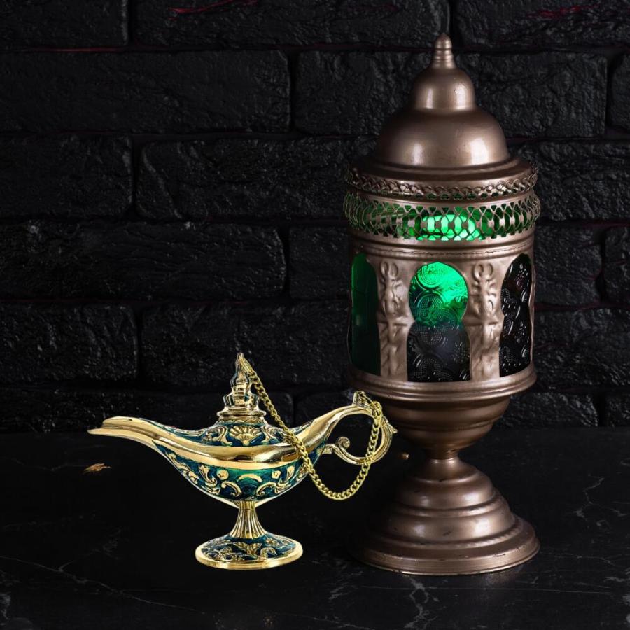 海外直輸入オイルランプ アラジン アンティーク装飾品 魔法のランプ オイルランプ ブルー ゴールド グリーン 真鍮製