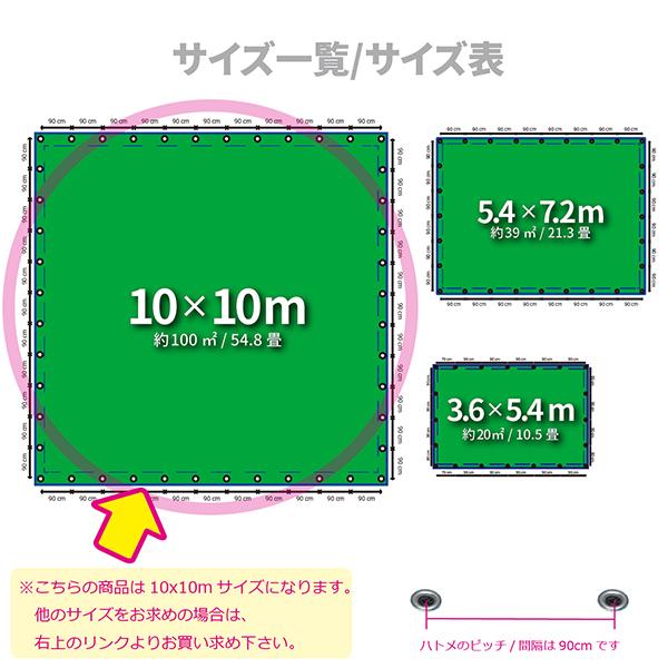 ブルーシート グリーン 緑色 #3000 10m×10m 高耐久 高品質 サイズ一覧 サイズ表 特別価格 防水 厚手 リバーシブル ハトメ 景観シート 緑＆青｜okacho-store｜02