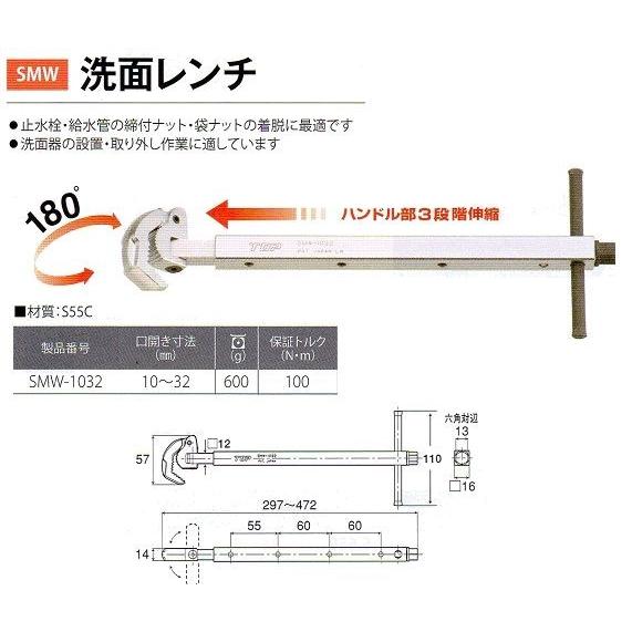 TOP工業　トップ　洗面レンチ　SMW-1032　狭小スペースの作業に最適です｜okaidoku-kiyosi