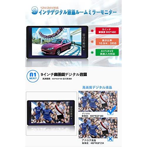 LOSKAルームミラーモニター 9インチタッチボタン12V/24V対応 解像R