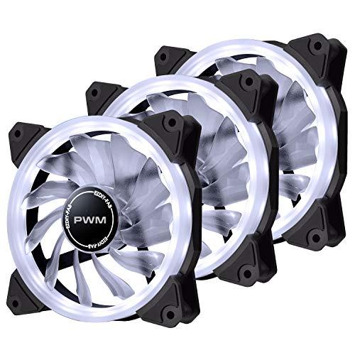 ホワイトPCケース 冷却ファン3基 USBポート4つ EZDIY-FAB 120mm PWM白色PCケースファン LEDリングファン 静音タイプ