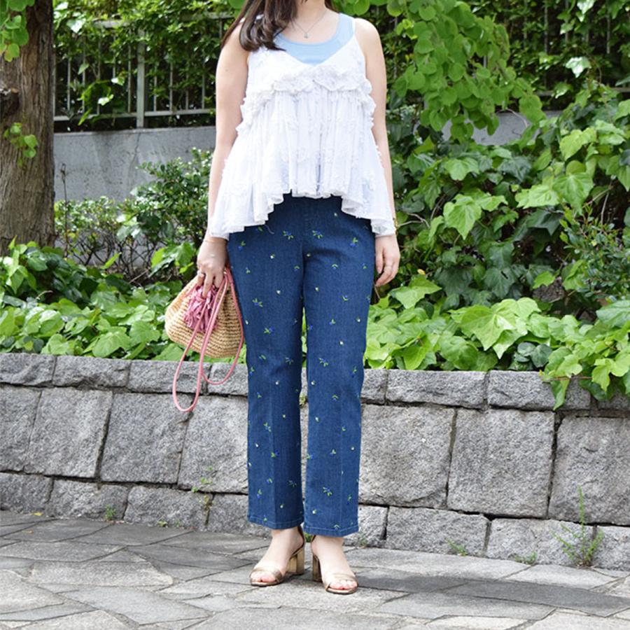 17℃ SALE 靴下の岡本公式 レディース パンツ デニム ブルーベリー 刺繍