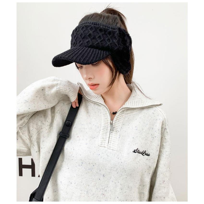 サンバイザーグレー ニット帽 ゴルフ スポーツ　防寒 耳カバー 毛糸 ファー サンバイザー 防寒 グレー 耳当て付ニット帽 あったかい ゴルフ ニット