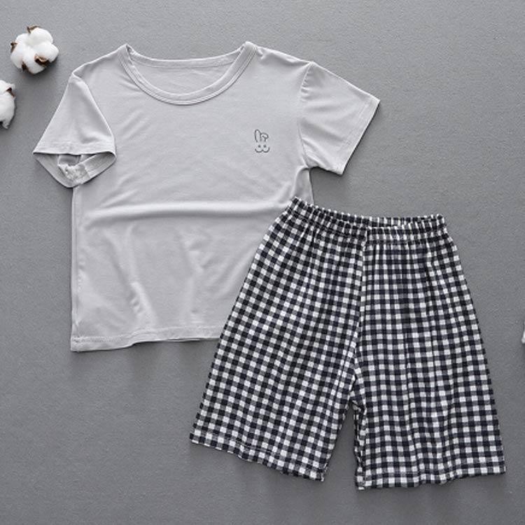 110 半袖/7分袖 薄手 男の子 ガールズ 女の子 パジャマ キッズ ボーイズ 子供服 夏 部屋着 ルームウェア Tシャツ 上下セット チェック柄 |  | 01
