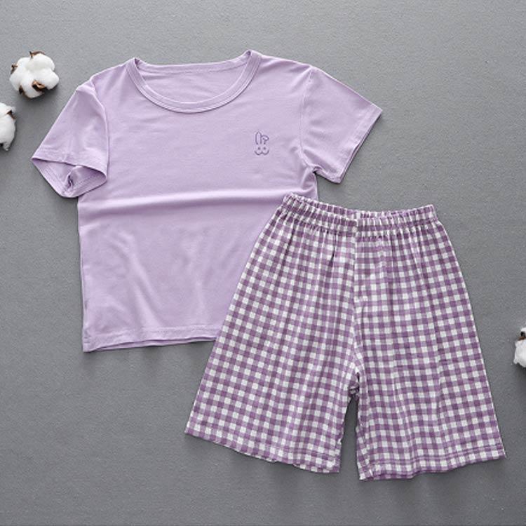110 半袖/7分袖 薄手 男の子 ガールズ 女の子 パジャマ キッズ ボーイズ 子供服 夏 部屋着 ルームウェア Tシャツ 上下セット チェック柄 |  | 02