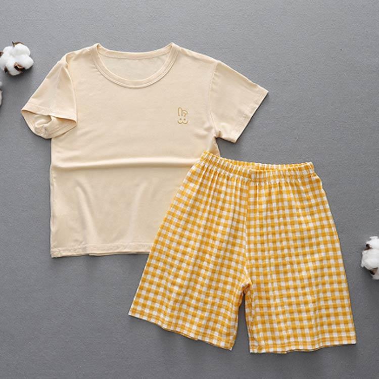 110 半袖/7分袖 薄手 男の子 ガールズ 女の子 パジャマ キッズ ボーイズ 子供服 夏 部屋着 ルームウェア Tシャツ 上下セット チェック柄 |  | 03