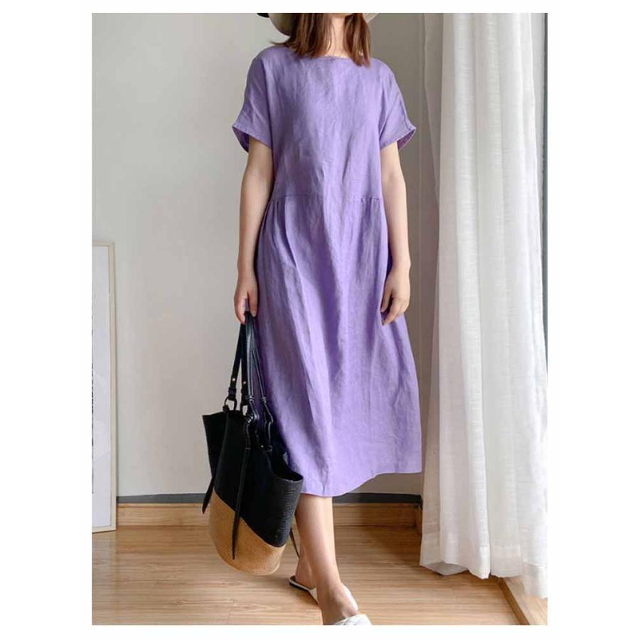 半袖 ワンピース リネンワンピース ナチュラル 無地 綿麻 ワンピ