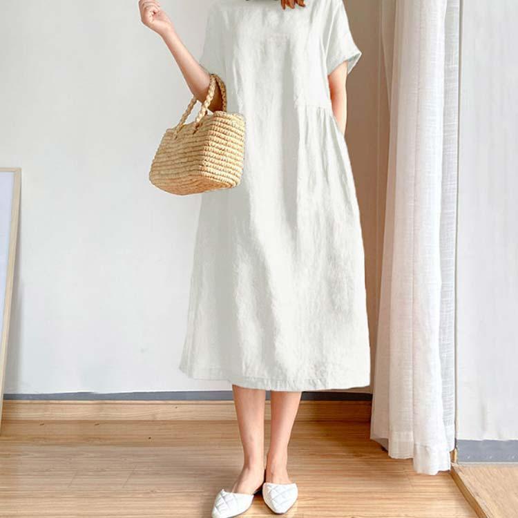 半袖 ワンピース リネンワンピース ナチュラル 無地 綿麻 ワンピ