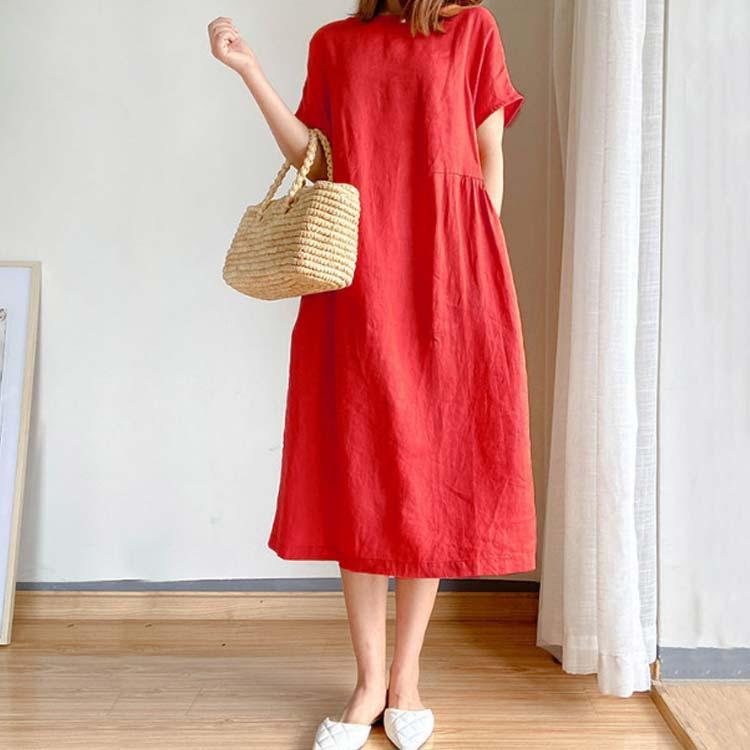 半袖 ワンピース リネンワンピース ナチュラル 無地 綿麻 ワンピ
