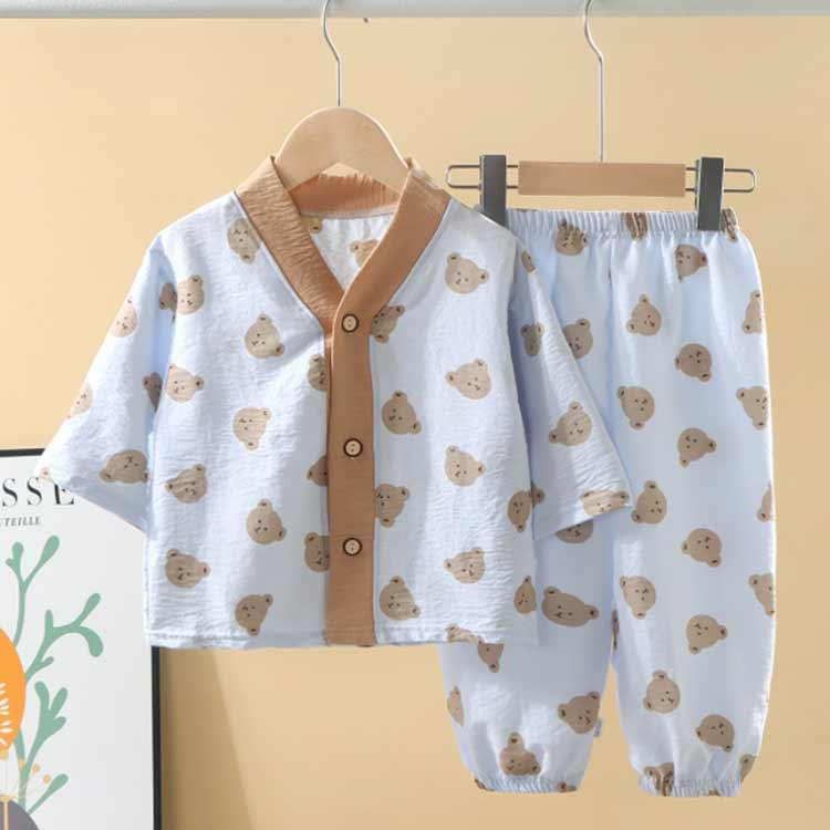 七分袖 ガーゼパジャマ パジャマ キッズ コットン素材 前開き ハート柄 カエル 薄手 くま いぬ 曇柄 総柄 パジャマ ルームウェア 男の子 薄地 |  | 03