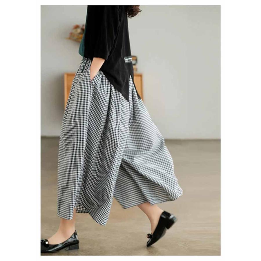 8分丈 フレアパンツ ワイドパンツ チェック柄 ガウチョパンツ