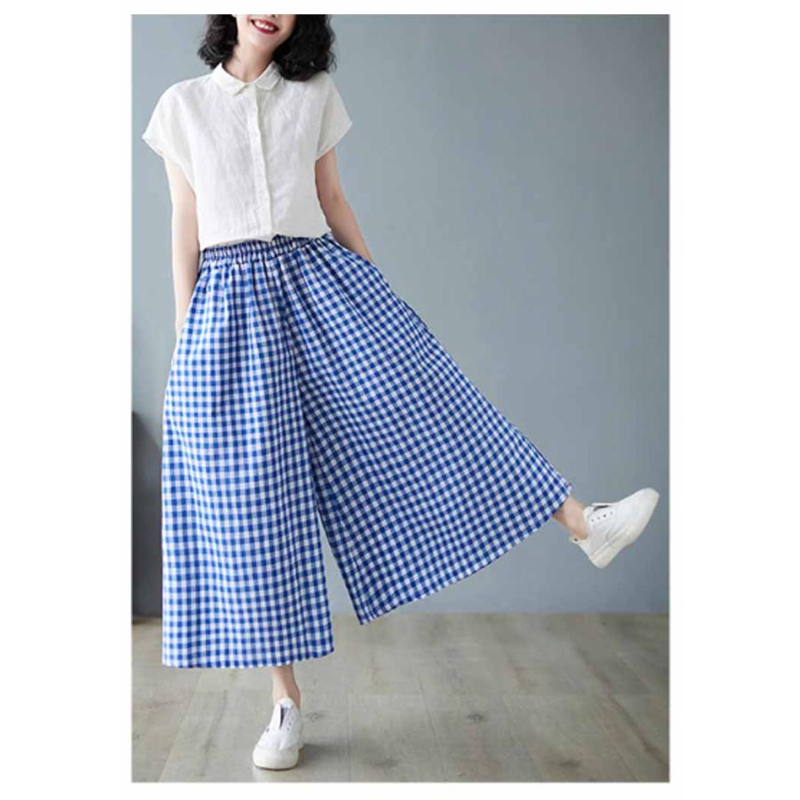 8分丈 フレアパンツ ワイドパンツ チェック柄 ガウチョパンツ