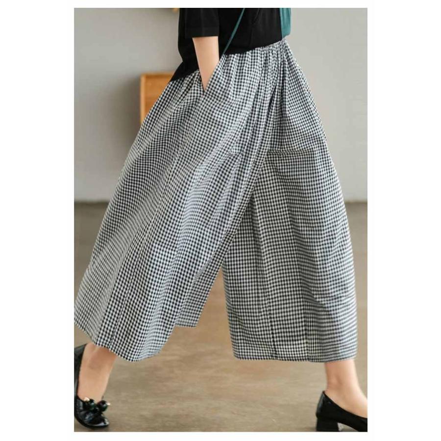 8分丈 フレアパンツ ワイドパンツ チェック柄 ガウチョパンツ