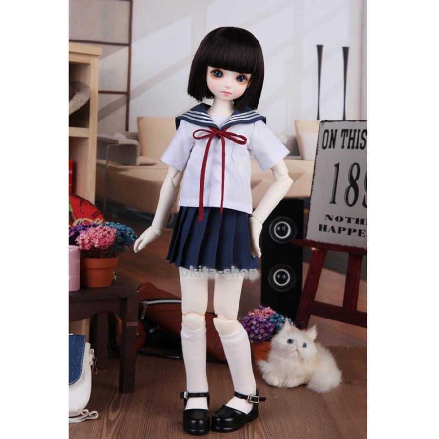 1/3 1/4 1/6 BJD人形服カレッジスタイルSD人形学生セットには、球体関節人形のドレスアップ用の白いTシャツ+青い短いスカートが含まれています,1/3