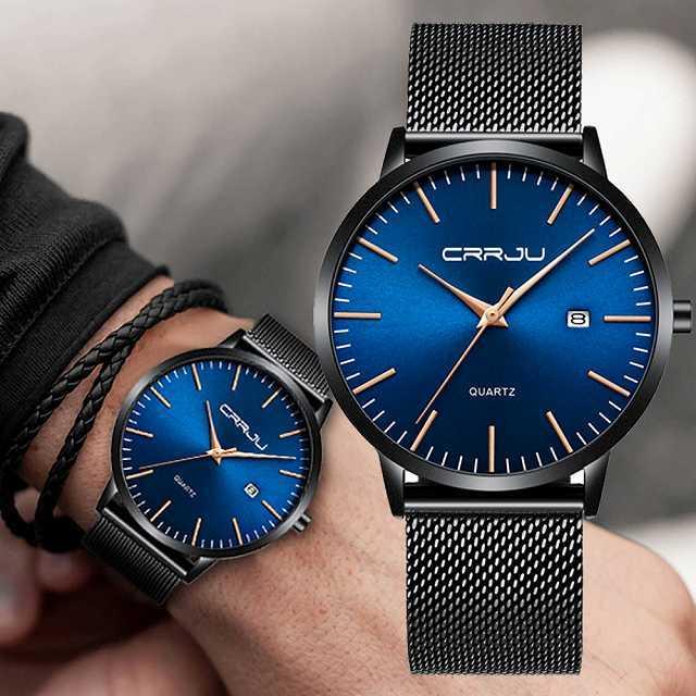 腕時計 Crrju メンズ 超薄型 腕時計 ファッション カジュアル日付クォーツ時計 男性 メッシュ ストラップ 防水 腕時計 レロジオm Okusuto 通販 Yahoo ショッピング