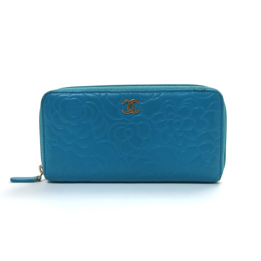 CHANEL（シャネル） カメリア ブルー ラムスキン 長財布 A50085