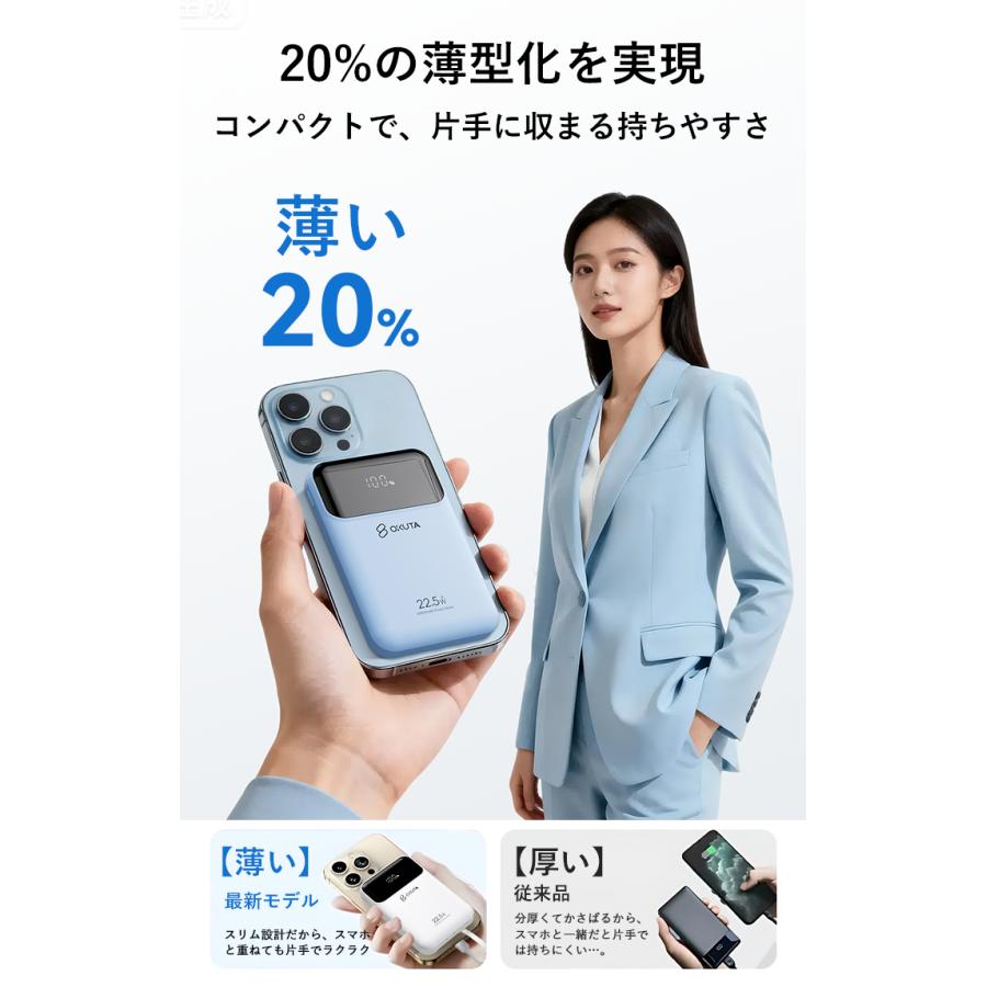 最新モバイルバッテリー　ケーブル内蔵　大容量　小型　軽量　iPhone ブルー OKUTA モバイルバッテリー iphone 10000mAh 残量表示 22.5w 3本