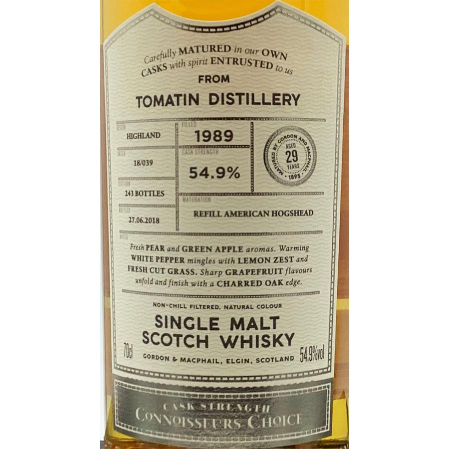 G&M社・コニサーズチョイス　トマーティン29年(1989年-2018年6月27日)　70cl，54.9％(23320円)