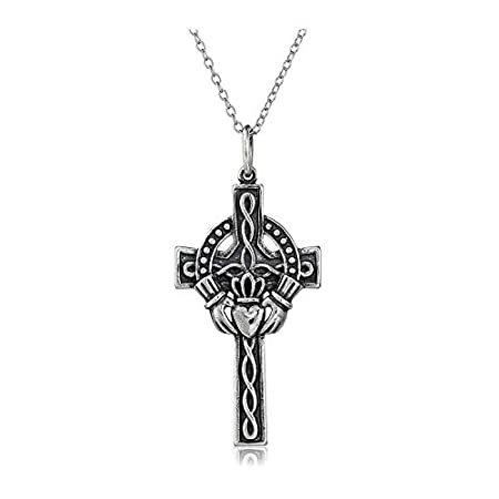 沸騰ブラドン 925 Sterling Silver Oxidized Celtic Claddagh Cross Pendant Necklace, 18"（並行輸入品） ネックレスチェーン