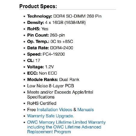 【並行輸入品】 OWC 64GB（16GB x 4）2400MHz DDR4 SO-DIMM PC4-19200 アップグレード用メモリ 2017年 27インチ Retina_2