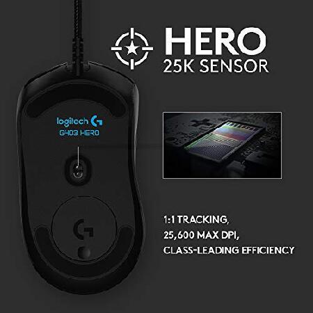 【並行輸入品】 Logitech G403 Hero 25K Gaming Mouse， Lightsync RGB， Lightweight 87G+10G optional， Braided Cable， 25， 600 DPI， Rubber Side Grips， Black
